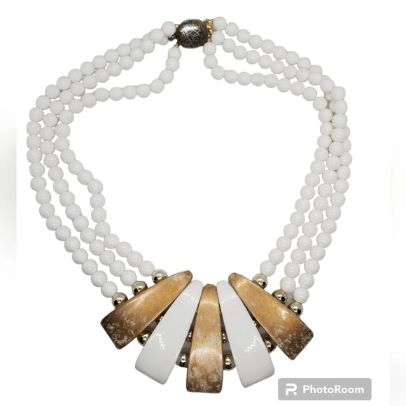VINTAGE GOLDTONED & WHITE BAR PENDANTS & BEADED COLLAR STATEMENT NECKLACE - Picture 3 of 6